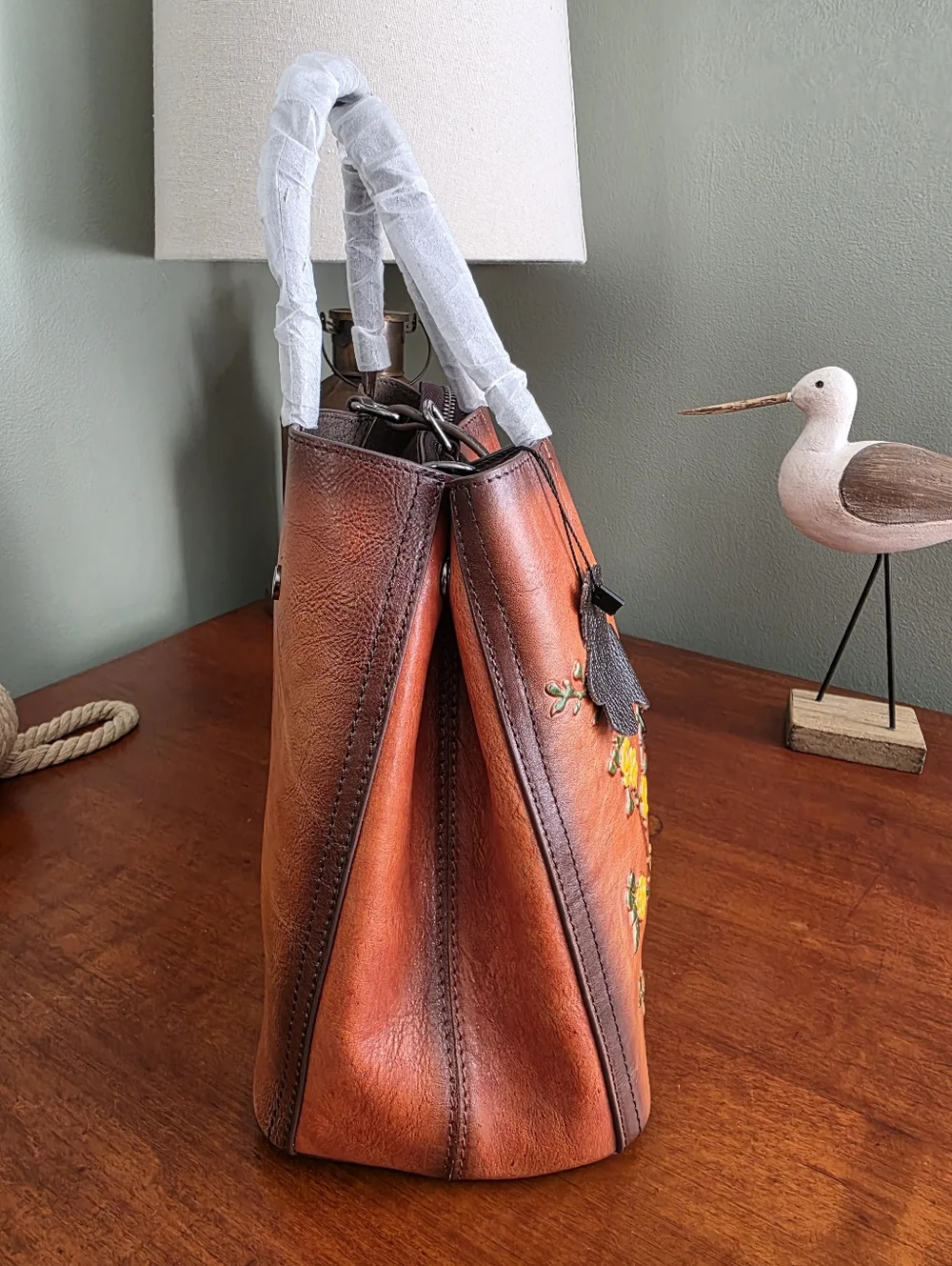 Floral Leather Satchel Crossbody Bag Tan Brown NWOT